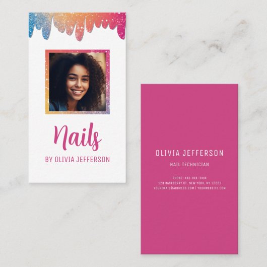 Moderne scripttypografie Glitter Drips Foto Visitekaartje (Voorkant / Achterkant)