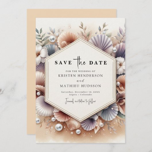 Moderne Seashell Beach bruiloft Save The Date (Voorkant / Achterkant)