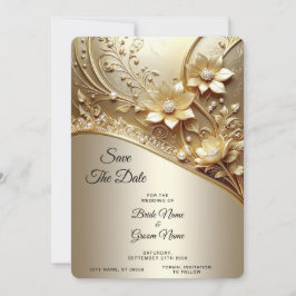 Moderne Sierlijke Gouden Bloem met Parel Save The Date