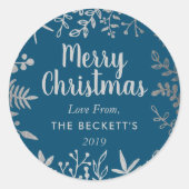 Moderne Silver Foil Foliage kerst Ronde Sticker (Voorkant)