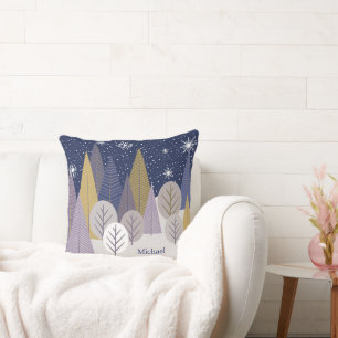 Moderne Silver Snow en Paarse Geometrische Wood Kussen