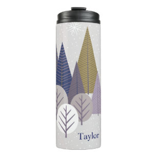 Moderne Silver Snow en Paarse Geometrische Wood Thermosbeker