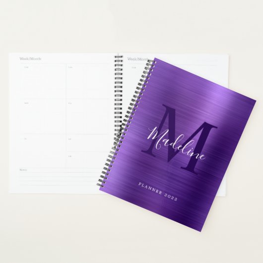 Moderne Simple Brossé Métallique Violet Monogramme (Devant avec enveloppe)