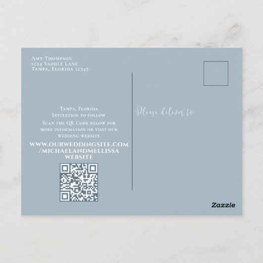 Moderne Simple Dusty Blue Floral Photo QR Code Briefkaart (Achterkant)