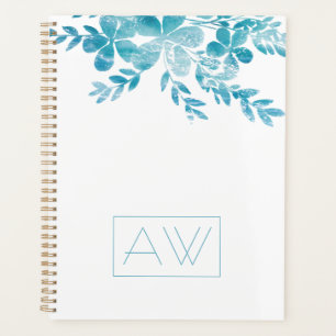 Moderne Simple Élégant Monogramme Bleu Blanc Flora
