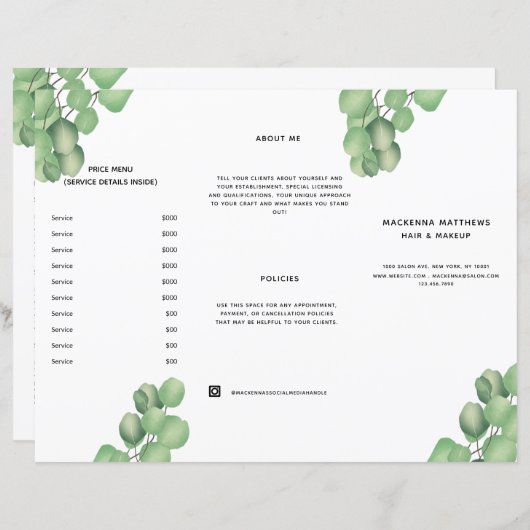 Moderne Simple Foliing Salon de coiffure Menu Prix (Devant / Derrière)