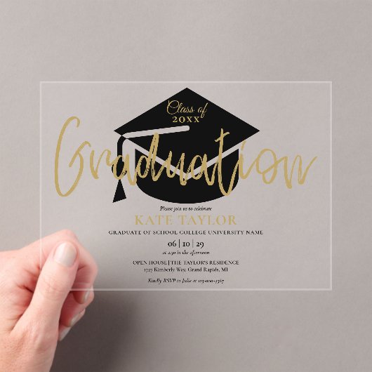 Moderne Simple Gold Script Graduation Party Acryl Uitnodigingen (Insitu (Draagbaar))