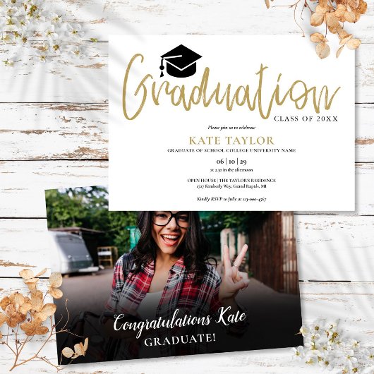 Moderne Simple Gold Script Graduation Party foto Kaart