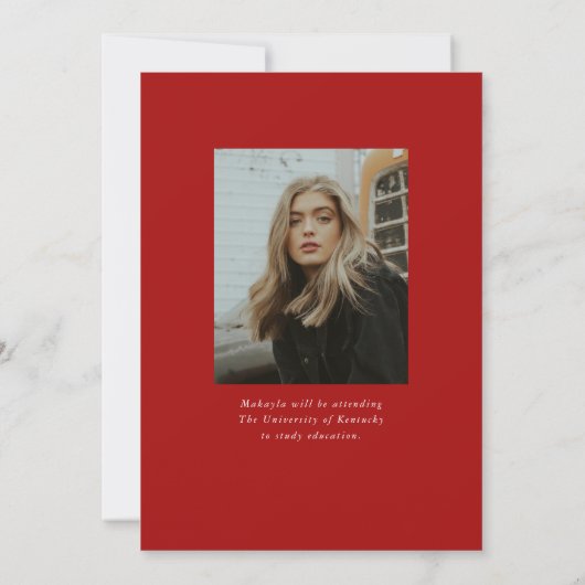 Moderne Simple Script Two Photo Red Afstuderen Aankondiging (Achterkant)