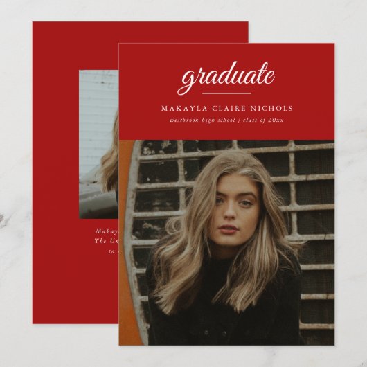 Moderne Simple Script Two Photo Red Afstuderen Aankondiging (Voorkant / Achterkant)