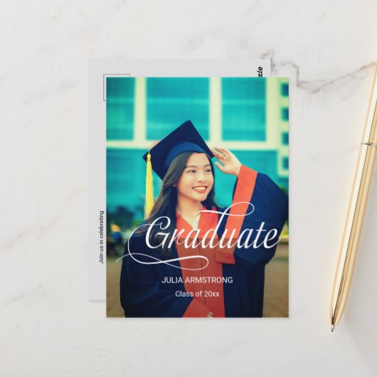 Moderne Single Photo Simple Script Afstuderen Kaar Briefkaart (Voorkant / Achterkant in situ)