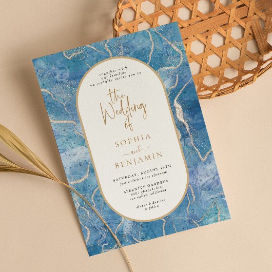 Moderne Sky Blue Gold Agaat De bruiloft van Kaart