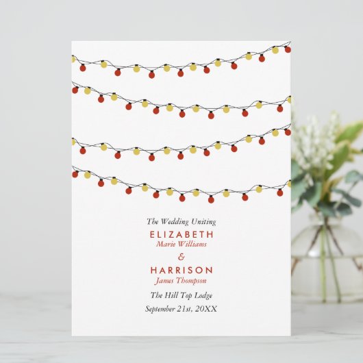 Moderne Slingerlichtjes, Rood & Goud Bruiloft Programma (Staand voorkant)