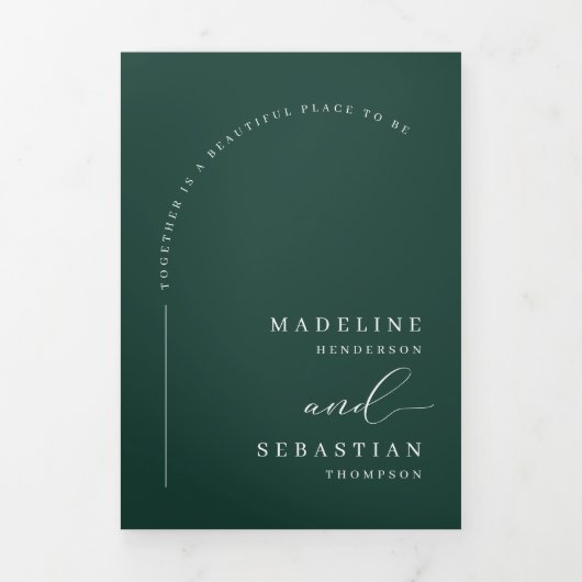 Moderne Smaragd Groene Boog Foto QR Code Bruiloft Drieluik Uitnodiging (Cover)