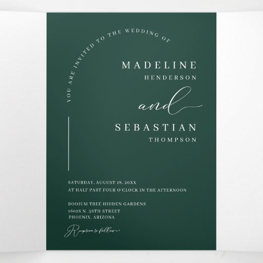 Moderne Smaragd Groene Boog Foto QR Code Bruiloft Drieluik Uitnodiging (Binnenkant midden)