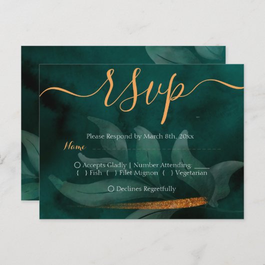 moderne smaragdgroen en bladeren RSVP Briefkaart (Voorkant / Achterkant)
