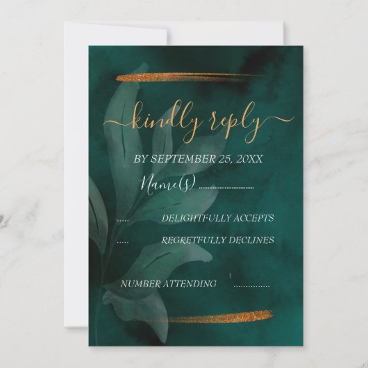 moderne smaragdgroen en bladeren RSVP Kaart (Voorkant)