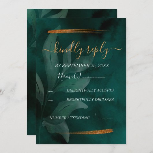 moderne smaragdgroen en bladeren RSVP Kaart (Voorkant / Achterkant)