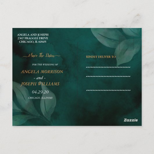 moderne smaragdgroen en bladeren Save the Date Briefkaart (Achterkant)