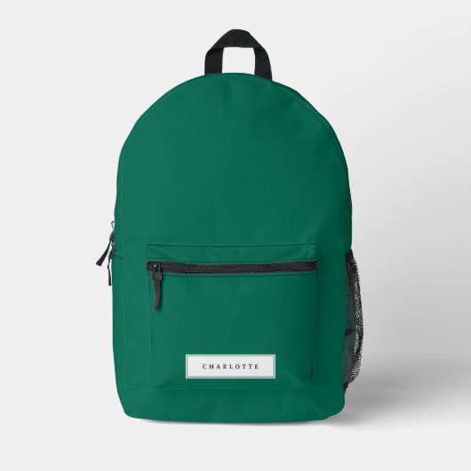 Moderne Smaragdgroene Effen Kleur Aangepaste Naam Bedrukte Rugzak (Voorkant)
