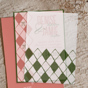 Moderne  smaragdgroene gezellige Argyle bruiloft Vellum Uitnodigingen