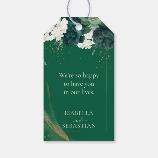 Moderne smaragdgroene rozenbruiloft cadeaulabel (Achterkant)