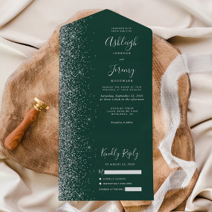 Moderne Smaragdgroene Zilveren Glitter Bruiloft All In One Uitnodiging