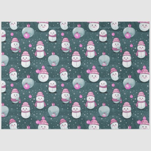 Moderne Sneeuwmannen Ornamenten Roze en Groene Ker Tissuepapier (Voorkant)