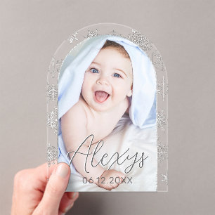 Moderne Sneeuwvlok Winter Foto Geboorteaankondigin Acryl Uitnodigingen