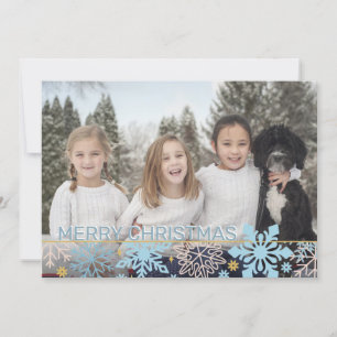 Moderne sneeuwvlokken Roze Blauw Goud Kerst FOTO Feestdagenkaart