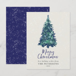 Moderne Snowy Blauwe Kerstboom Feestdagenkaart
