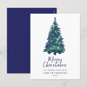 Moderne Snowy Blauwe Kerstboom Feestdagenkaart