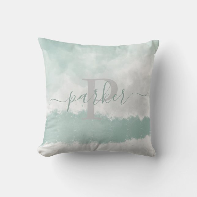 Moderne Soft Green Waterverf Monogram Kussen (Voorkant)