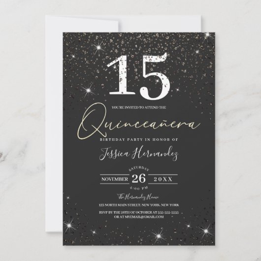 Moderne Sparkly Black Glitter Confetti Quinceañera Kaart (Voorkant)