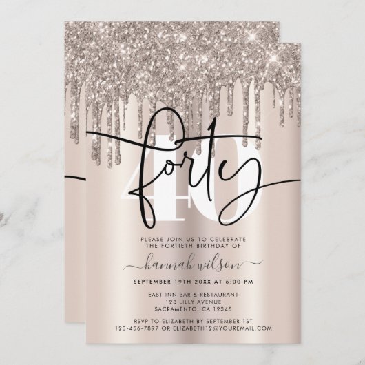 Moderne Sparkly Cream Glitter 40th Birthday Party Kaart (Voorkant / Achterkant)