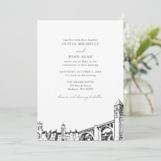 Moderne Spokane skyline zwart & wit bruiloft Kaart (Staand voorkant)
