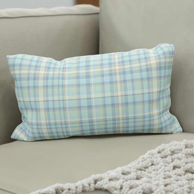 Moderne Spring Tartan Figarations Figaro Blue Plai Kussen (Fun spring tartan lumbar pillow for your car or home. )