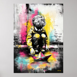 Moderne Stedelijke Emotionele Kinder Papieren Boot Poster