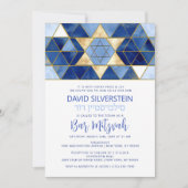 Moderne Ster van David Blauw Goud Bar Mitzvah Hebr Kaart (Voorkant)