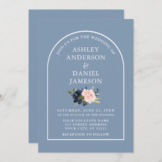 Moderne, stijlvolle Arch Dusty Blue Pink Floral We Kaart (Voorkant / Achterkant)