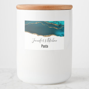 Moderne stijlvolle Blauwgroen Agaat & Gold Ribbon Voedselcontainer Etiket