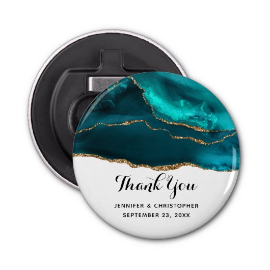 Moderne Stijlvolle Blauwgroen Agaat & Gouden Lintb Button Flesopener (Voorkant)