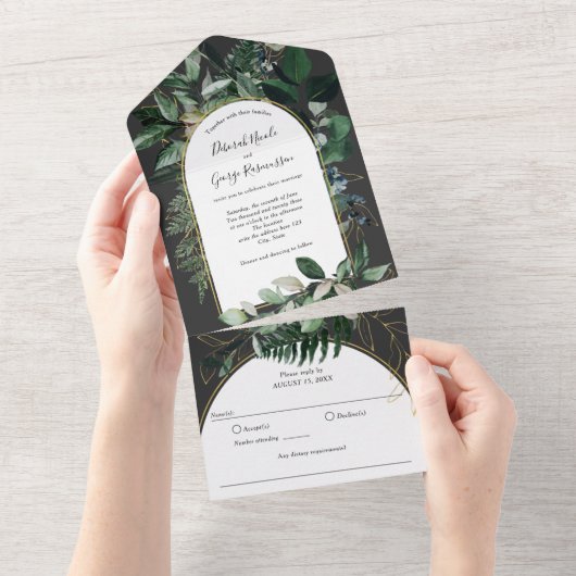 Moderne stijlvolle Boho Arch met Waterverf Groen All In One Uitnodiging (Afscheurbaar)