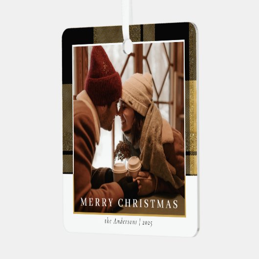 Moderne Stijlvolle Goud Geplaagd Kerstpaar Foto Metalen Ornament (Voorkant links)