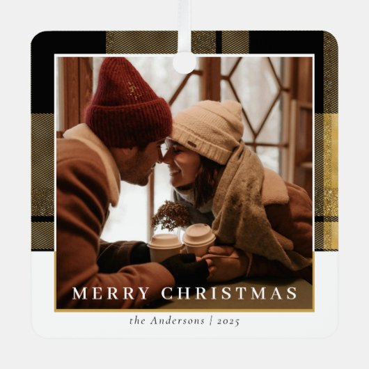 Moderne Stijlvolle Goud Geplaagd Kerstpaar Foto Metalen Ornament (Voorkant)