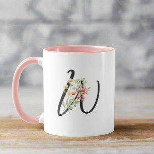 Moderne Stijlvolle letter W Zwart Script Bloemen Mok