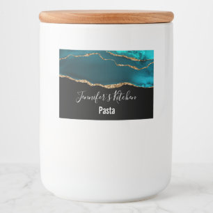 Moderne stijlvolle teal agaat & gouden lint keuken voedselcontainer etiket