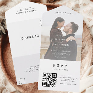 Moderne stijlvolle vervagende foto QR-code RSVP-hu All In One Uitnodiging