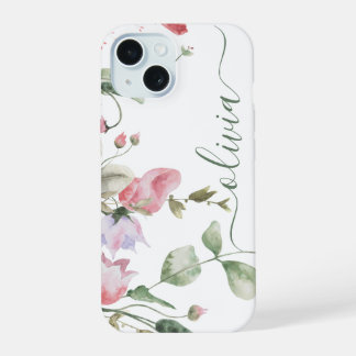 Moderne stijlvolle waterverf bloemeno monogram iPhone 15 hoesje