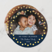 Moderne Stippen Frame Ornament Goud Navy 2 Foto Feestdagenkaart (Voorkant / Achterkant)